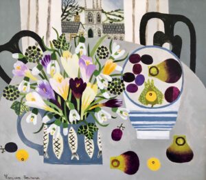 Crocuses, Figs & Physallis.   Paintings by Vanessa Bowman. Oil on card.