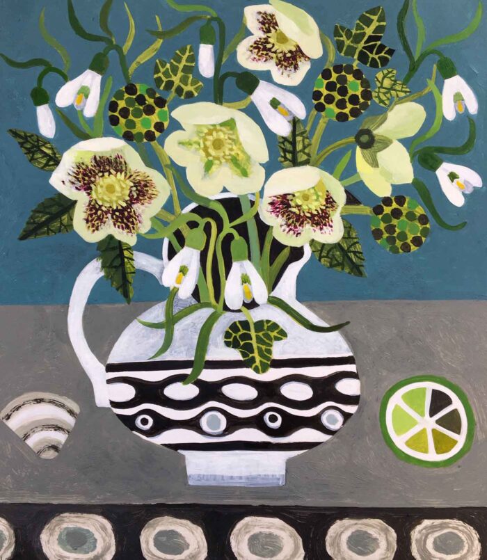 Hellebores & Snowdrops.   Paintings by Vanessa Bowman. Oil on card.