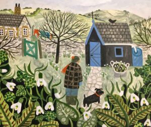 January Dog Walk.   Paintings by Vanessa Bowman. Oil on card.