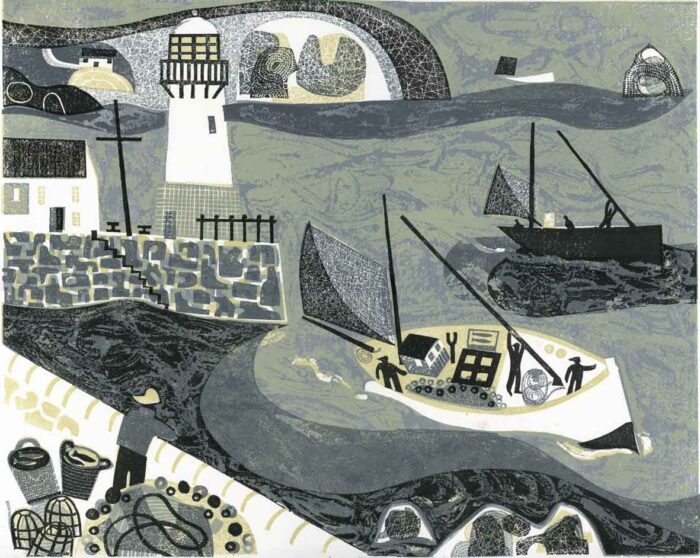 Leaving the Harbour. Seascape  Prints by Melvyn Evans. Linocut.