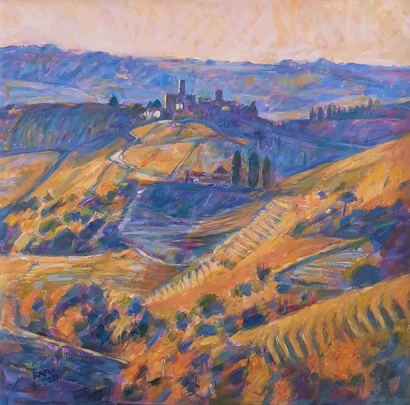 Chianti Vineyard, Late Evening.   Paintings by Michael Bowman. Oil on board.