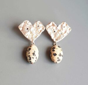 Dalmatian Jasper Heart Earrings (76).   Jewellery by Holly Belsher. Silver.