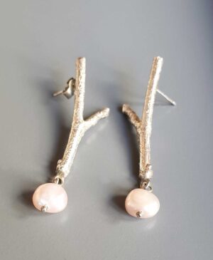 Long Silver Twig Studs Pink Pearl (110).   Jewellery by Holly Belsher. Silver.