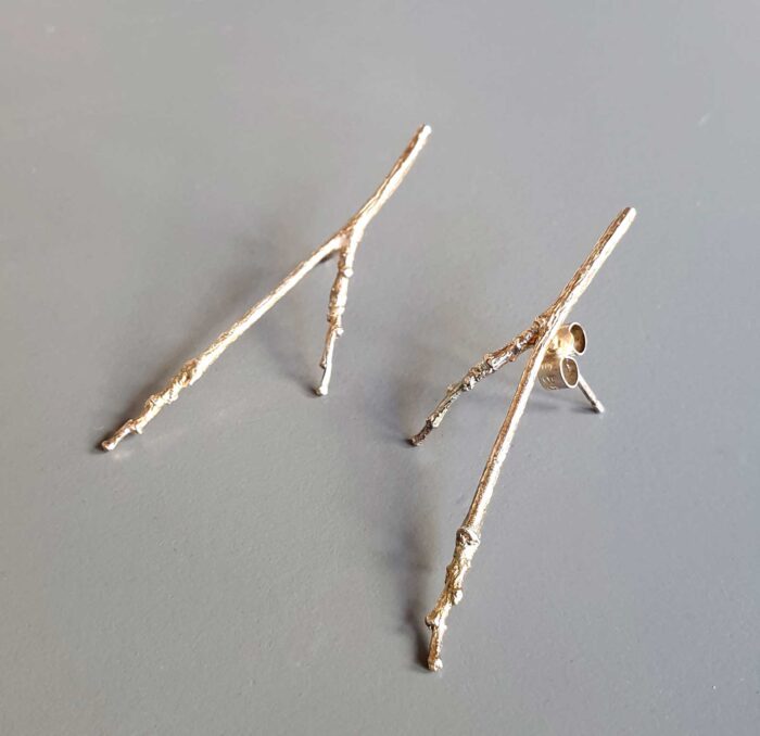 Long Silver Twig Studs Pink Pearl (110). Jewellery by Holly Belsher. Silver. Long Silver Twig Studs Pink Pearl (110). Jewellery by Holly Belsher. Silver.