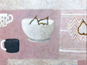 Pears on Pink.   Paintings by Sarah Bowman. Oil on canvas.