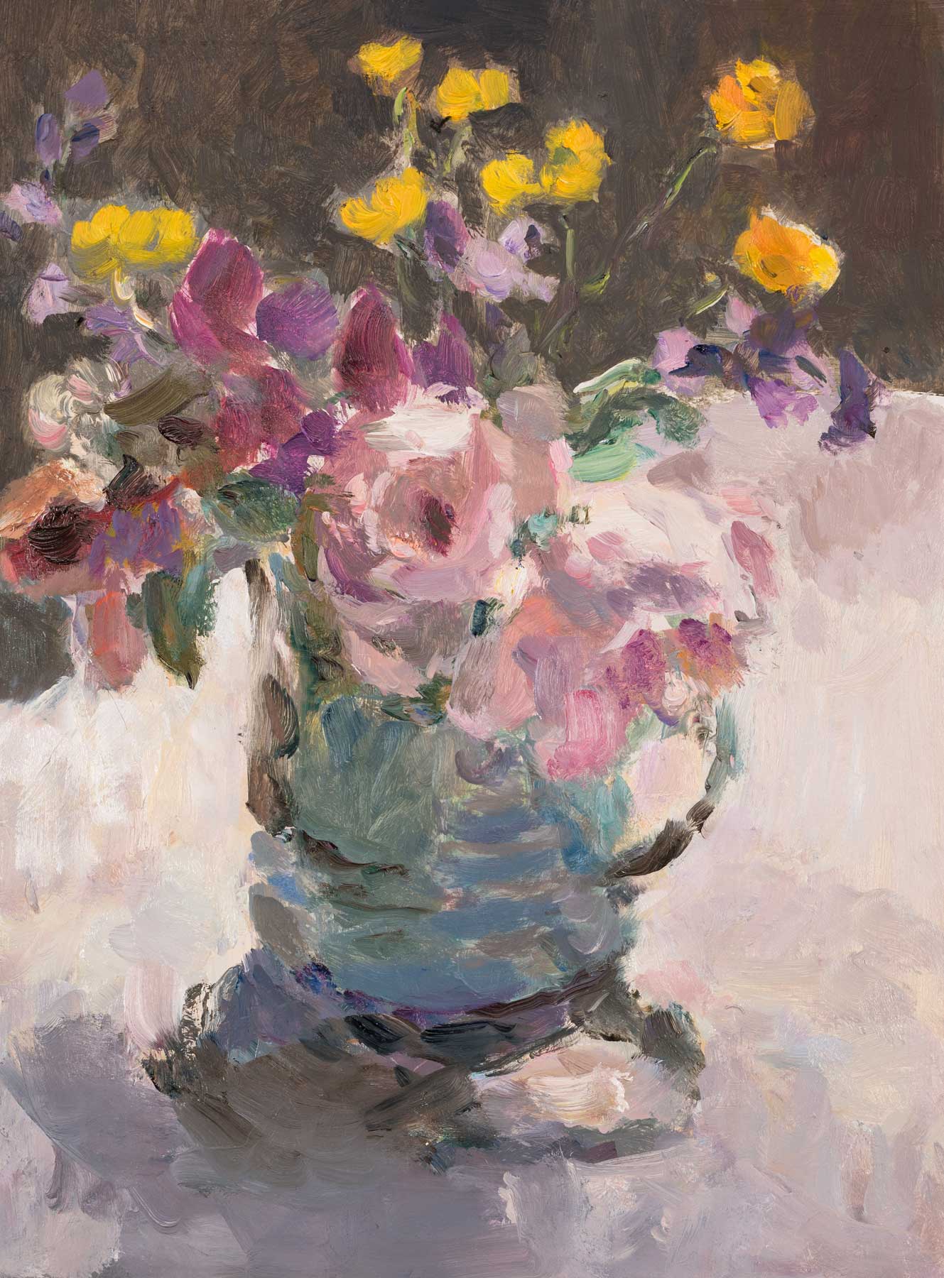 Roses, Buttercups & Sweetpeas.   Paintings by Lynne Cartlidge. Oil on board.