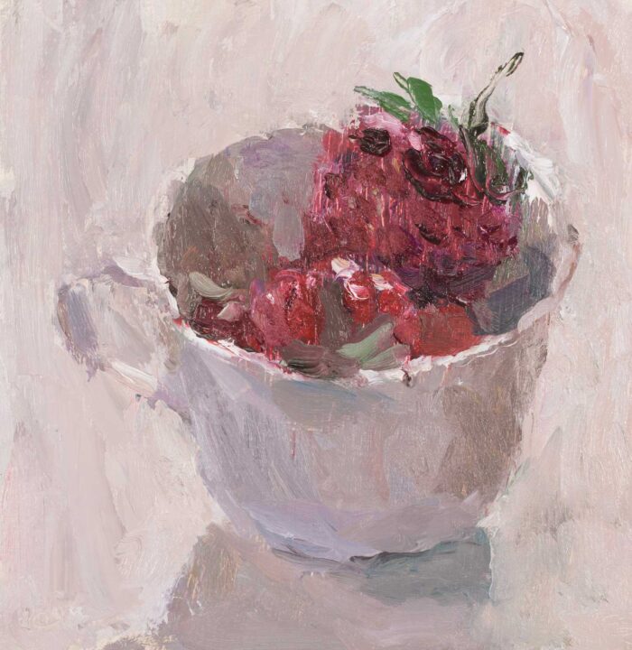 Strawberries in a Porcelain Cup.   Paintings by Lynne Cartlidge. Oil on board.