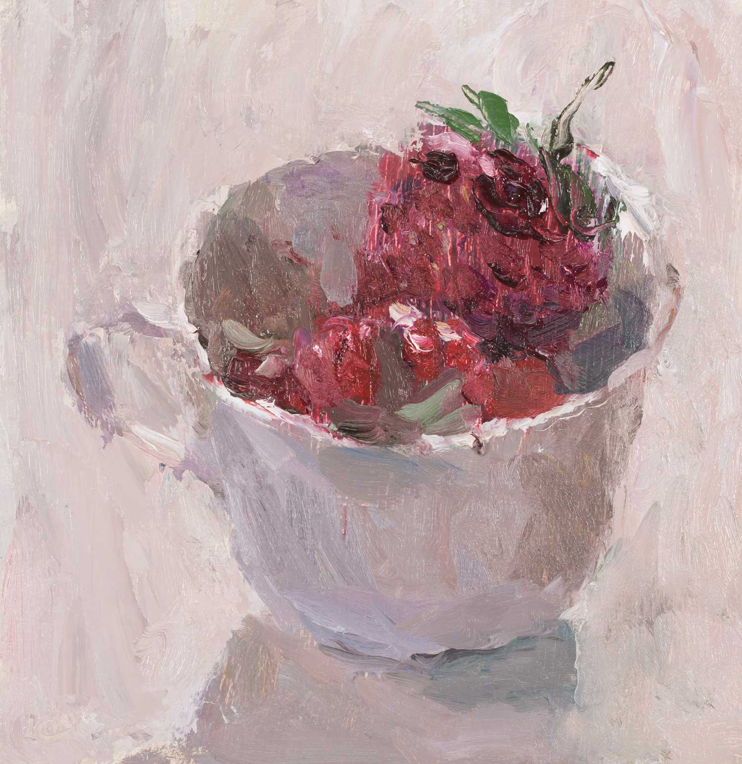 Strawberries in a Porcelain Cup.   Paintings by Lynne Cartlidge. Oil on board.