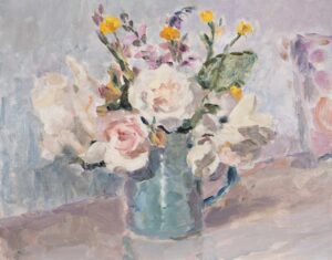 White Roses & Buttercups.   Paintings by Lynne Cartlidge. Oil on board.