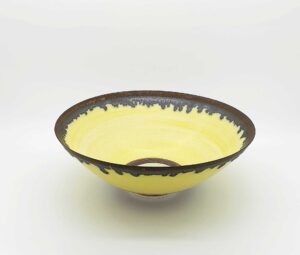 Pale Yellow & Bronze Rimmed Grogged Bowl (143).   Ceramics by Peter Wills. Porcelain.