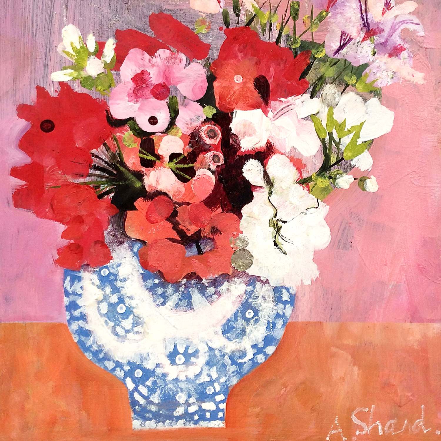 Pelargoniums & Chinese Vase.   Paintings by Arabella Shand. Oil on board.