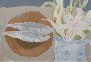 Lilies & Mackerel. Birds & Animals Still Life Paintings by Uncategorised. Acrylic & gesso on canvas board.