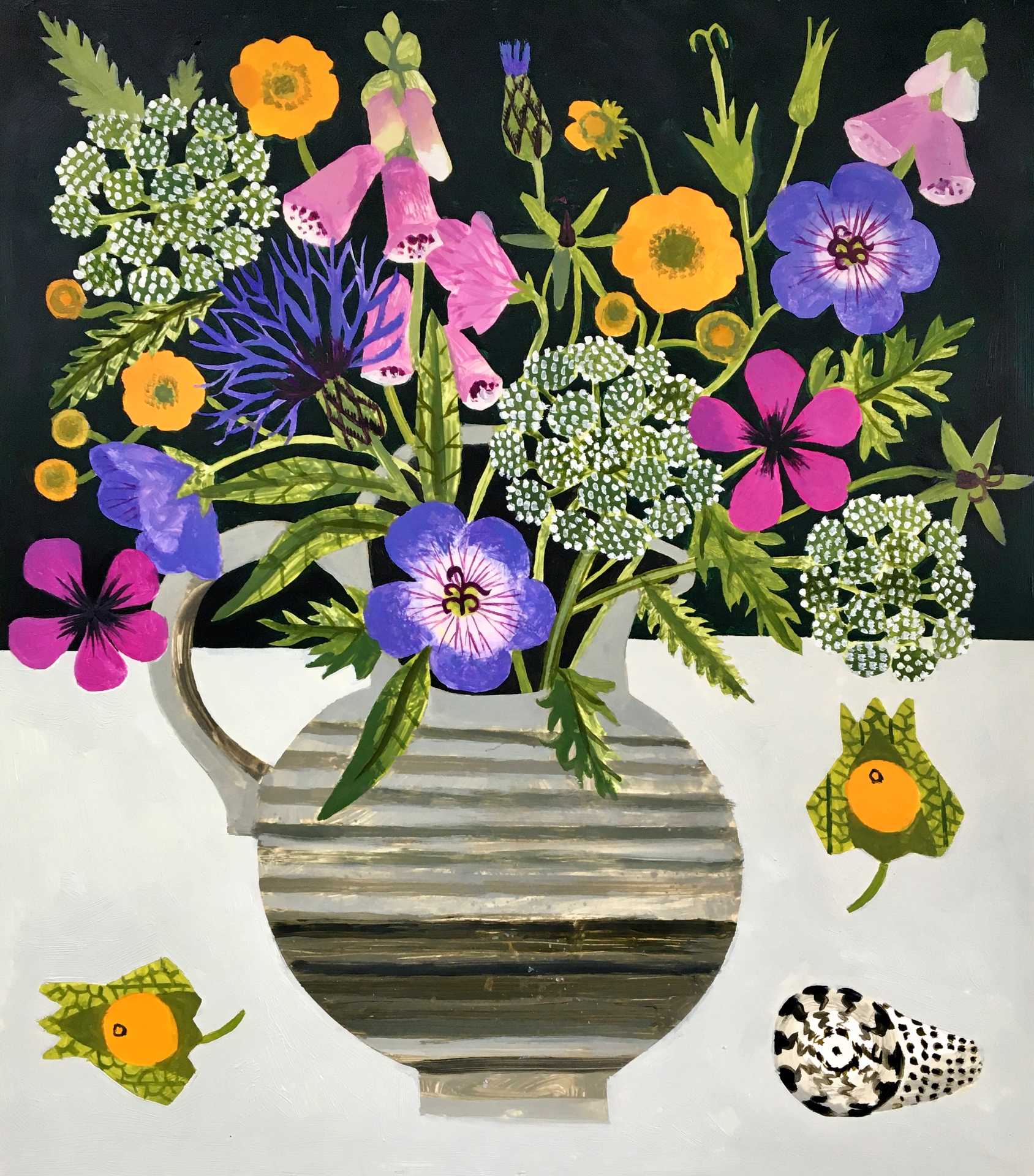 Garden Flowers in Stoneware Jug.   Paintings by Vanessa Bowman. Oil on card.