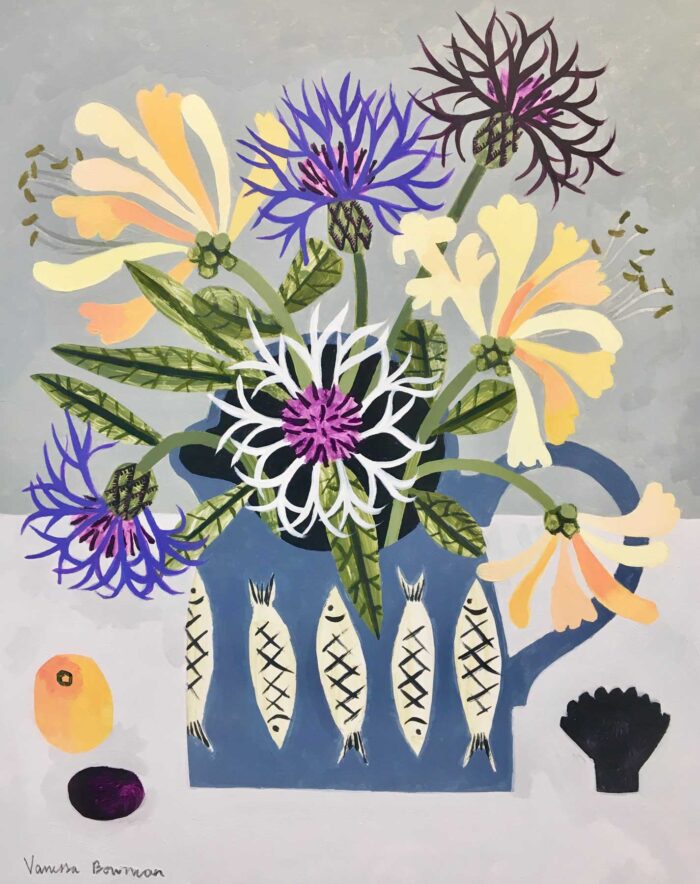 Honeysuckle & Centaureas in Fish Jug.   Paintings by Vanessa Bowman. Oil on card.