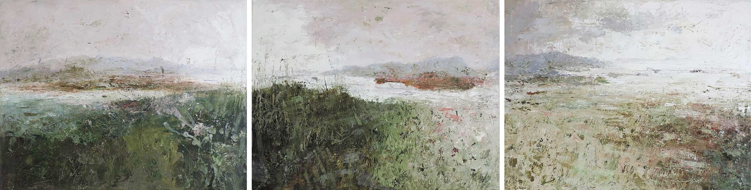 Last Afternoon (triptych).   Paintings by Ellen Watson. Mixed media on canvas.