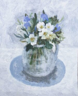 Glass Jug & Flowers.   Paintings by Sarah Bowman. Oil on board.