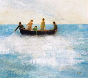 Five Fisherwomen.   Paintings by David Brayne. Acrylic and pigment.