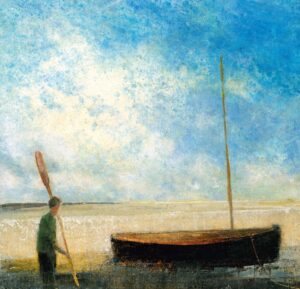 Oarsman.   Paintings by David Brayne. Acrylic and pigment.
