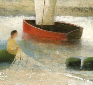 Red Boat, Yellow Dress.   Paintings by David Brayne. Acrylic and pigment.