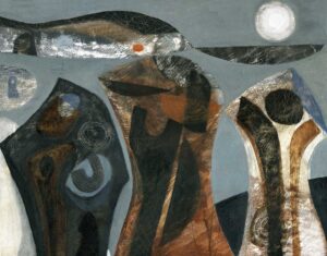 Three Sentinels.   Paintings by Melvyn Evans. oil & gesso on canvas board.