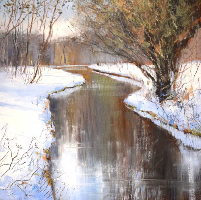 Snow on the River Bank.   Paintings by Caroline McMillan Davey. Oil on canvas.