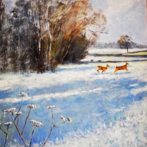 Two Deer Leaping.   Paintings by Caroline McMillan Davey. Oil on canvas.