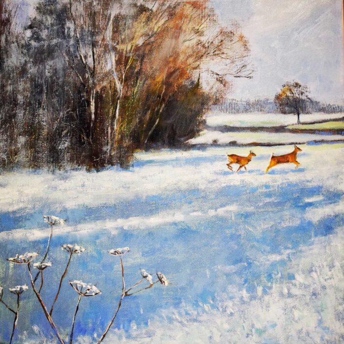 Two Deer Leaping.   Paintings by Caroline McMillan Davey. Oil on canvas.