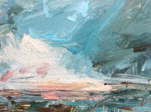 Turquoise & Peachy Sky, St Ives. Cornwall Seascape Paintings by Louise Balaam. Oil on board.