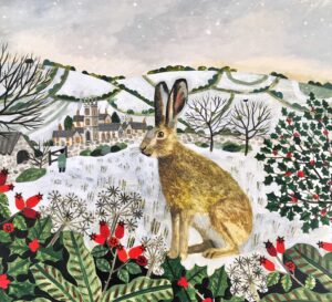Hare & Holly.   Paintings by Vanessa Bowman. Oil on card.