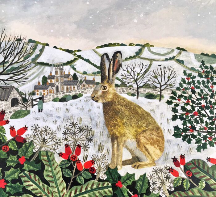 Hare & Holly.   Paintings by Vanessa Bowman. Oil on card.