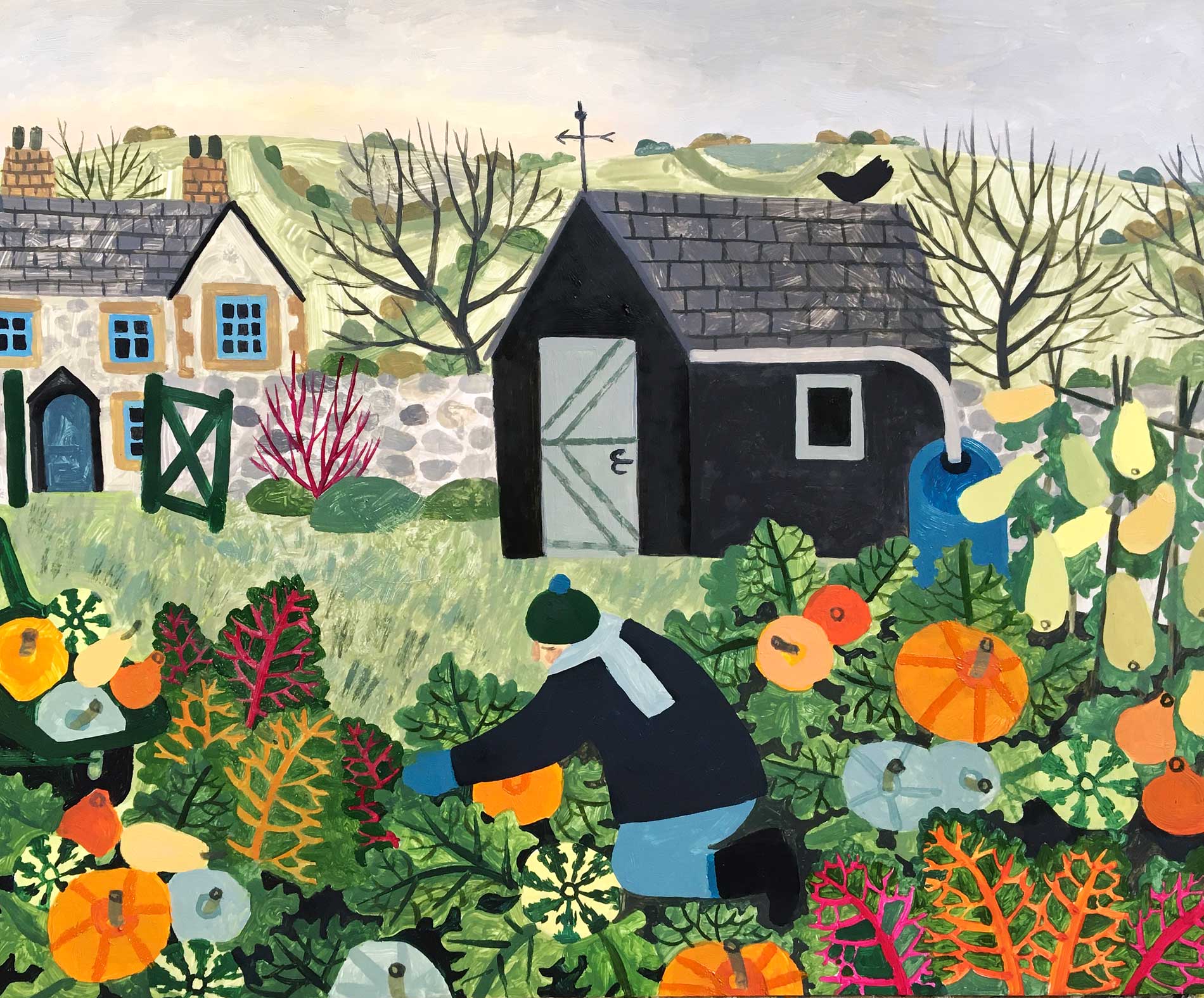The Autumn Allotment.   Paintings by Vanessa Bowman. Oil on card.