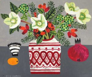 Winter Posy & Pomegranate.   Paintings by Vanessa Bowman. Oil on card.