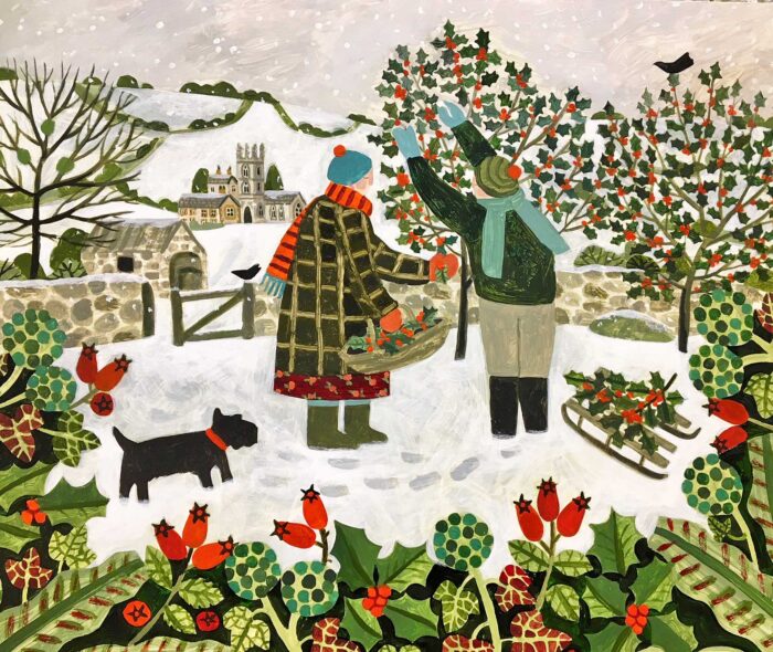 The Holly Pickers.   Paintings by Vanessa Bowman. Oil on card.