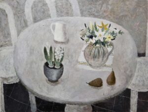 White Jug & Pears.   Paintings by Sarah Bowman. Oil on canvas.