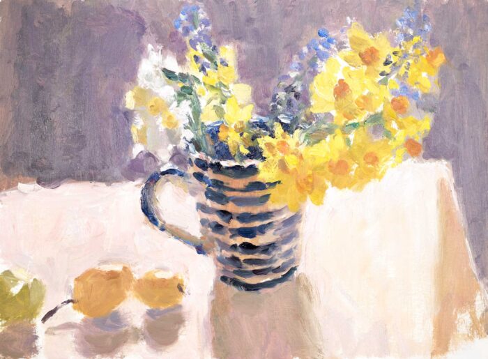 Narcissi & Passion Fruit.   Paintings by Lynne Cartlidge. Oil on board.