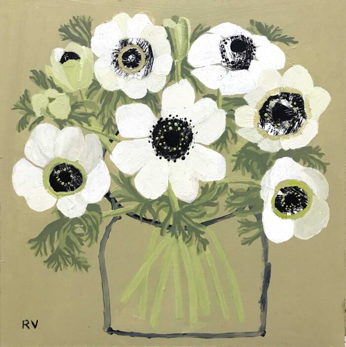 White Anemones.   Paintings by Uncategorised. Acrylic & collage on board.