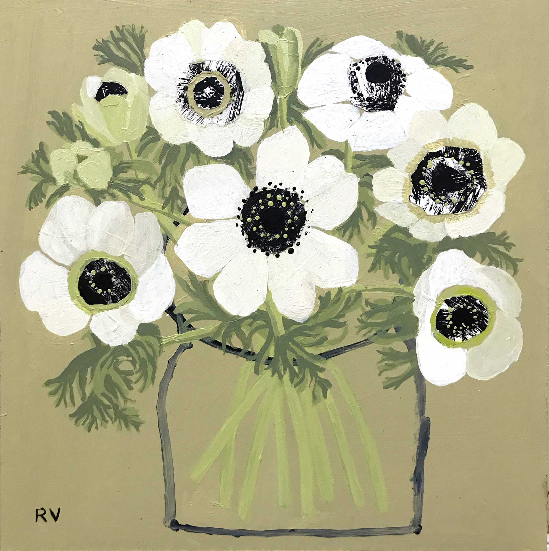 White Anemones.   Paintings by Uncategorised. Acrylic & collage on board.