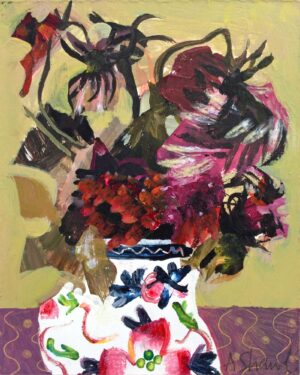 Dahlias.   Paintings by Arabella Shand. Mixed media on board.