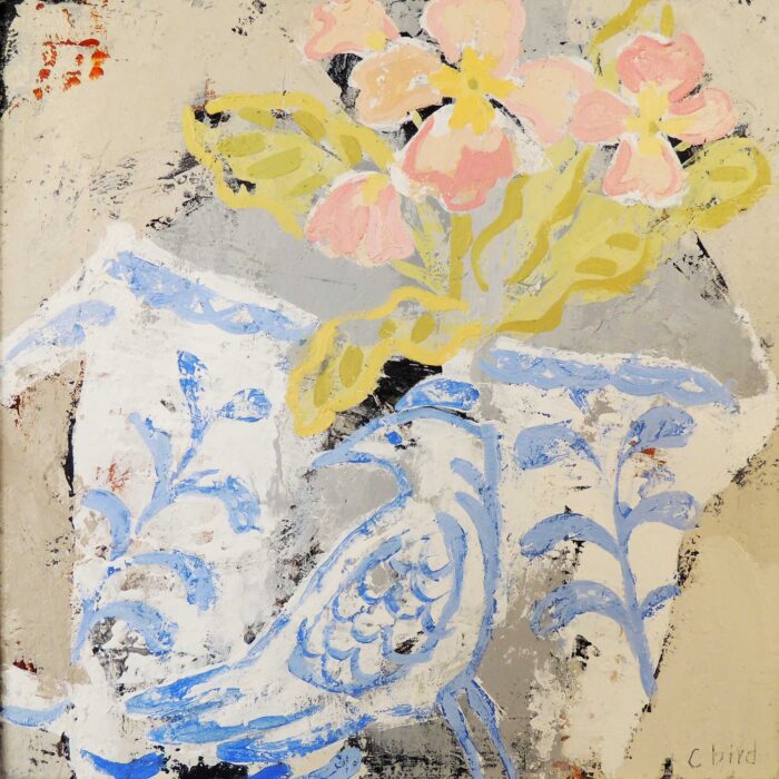 Bird Jug with Polyanthus. Floral Interiors Paintings by Uncategorised. Acrylic on canvas board.