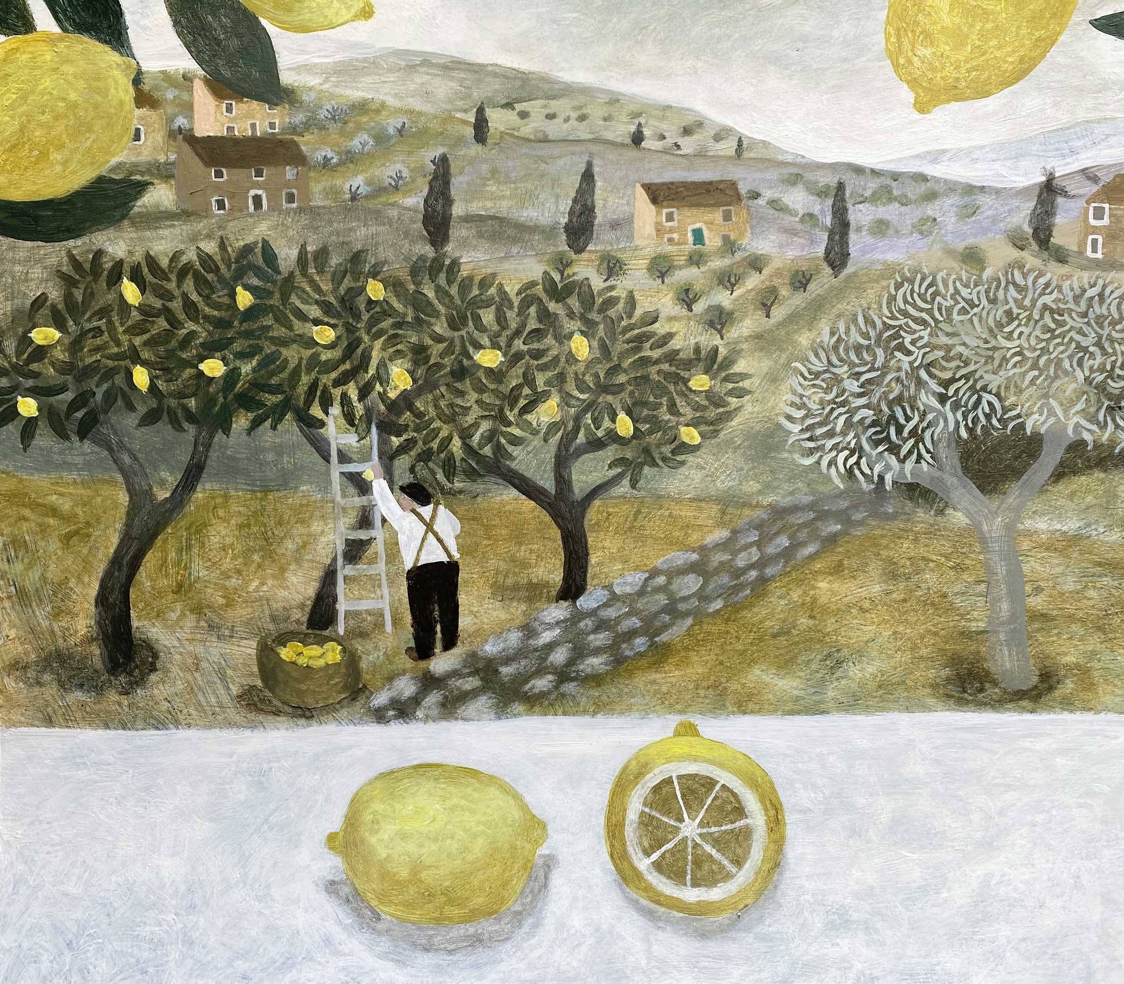 Picking Lemons. Paintings by Sarah Bowman. Oil on board. Picking Lemons. Paintings by Sarah Bowman. Oil on board.
