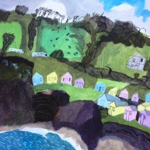 Two Buses Chase Down the Hill.   Paintings by Mark Rochester. Acrylic on board.