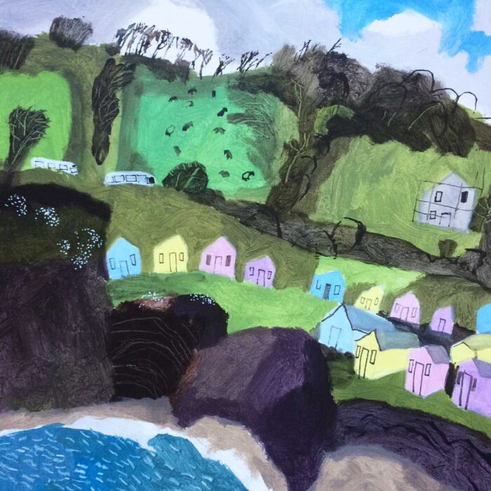 Two Buses Chase Down the Hill.   Paintings by Mark Rochester. Acrylic on board.