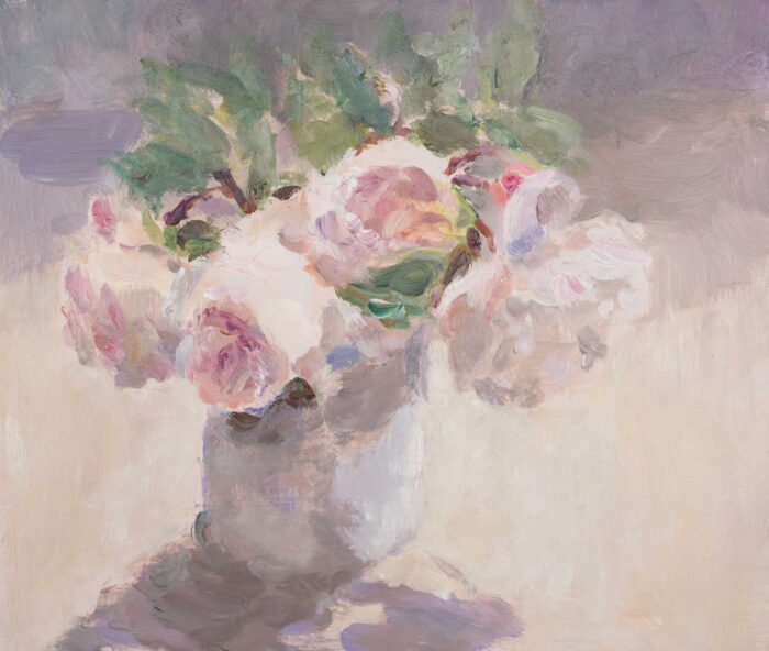 Roses in Morning Light.   Paintings by Lynne Cartlidge. Oil on board.