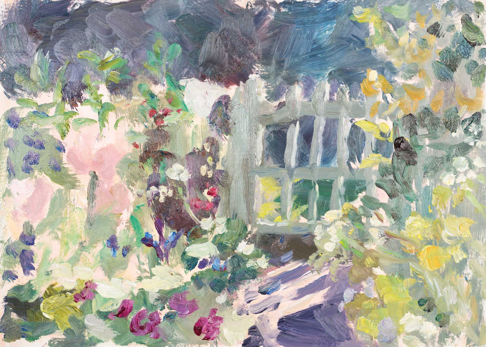 Cottage Garden, Evening Light.   Paintings by Lynne Cartlidge. Oil on board.