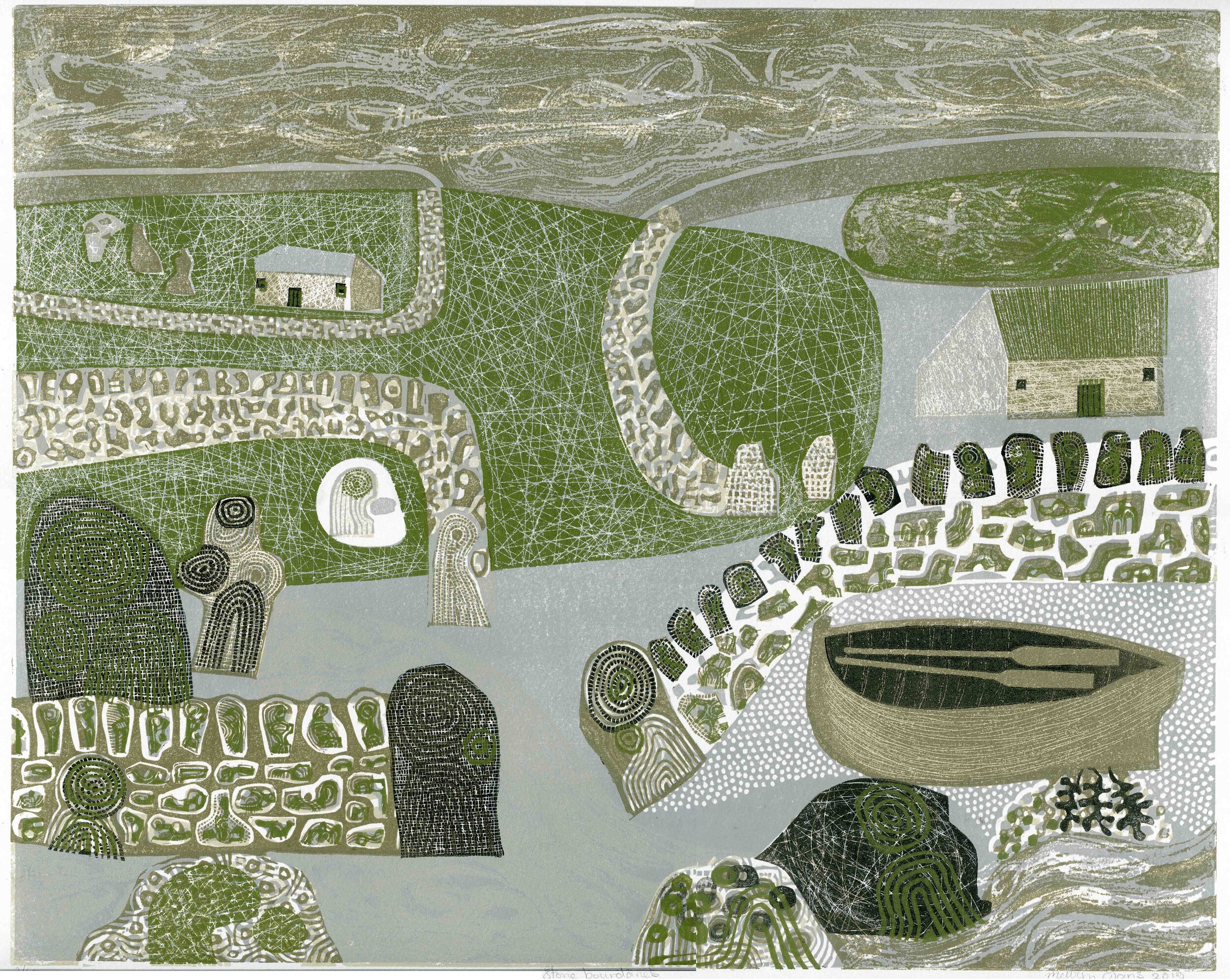 Stone Boundaries. Seascape Prints by Melvyn Evans. Linocut. Stone Boundaries. Seascape Prints by Melvyn Evans. Linocut.