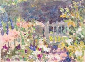 Cottage Garden in Afternoon Sun.   Paintings by Lynne Cartlidge. Oil on board.