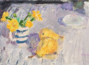 Marigolds and Pears. Still Life Floral Paintings by Lynne Cartlidge. Oil on board.