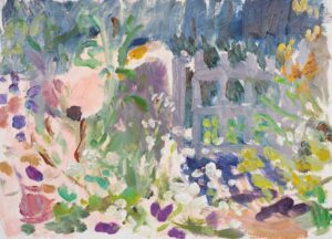 Poppies in a Cottage Garden. Landscape Floral Paintings by Lynne Cartlidge. Oil on board.