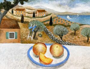 Peaches, Mallorca.   Paintings by Sarah Bowman. Oil on board.