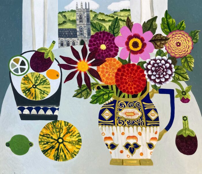 Dahlias, Squashes & Aubergines.   Paintings by Vanessa Bowman. Oil on card.